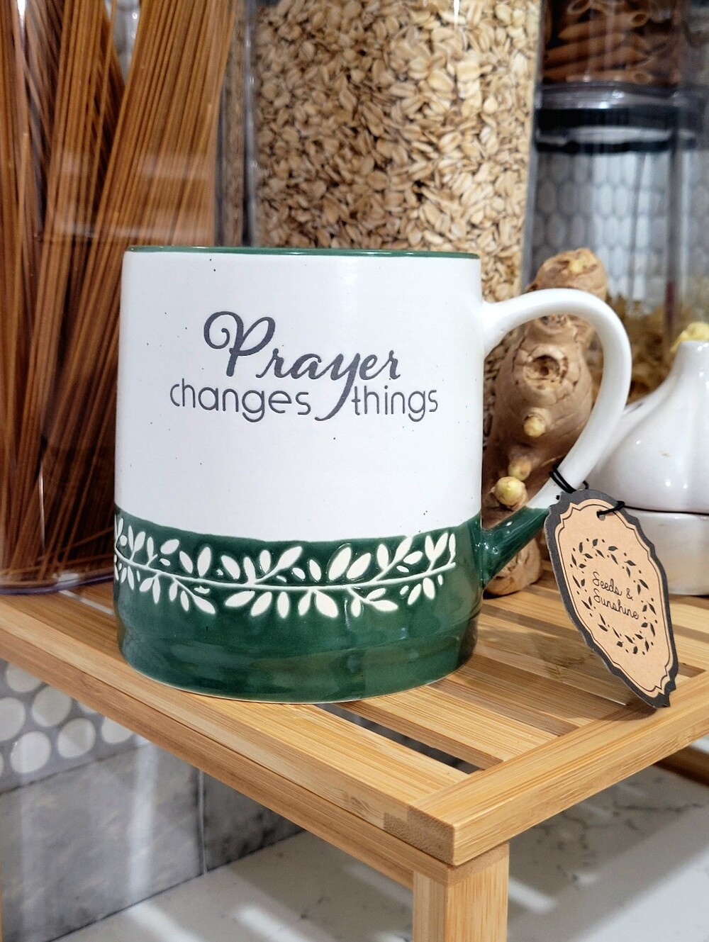 Prayer Changes Things Ceramic 20 oz Mug — Green and Cream